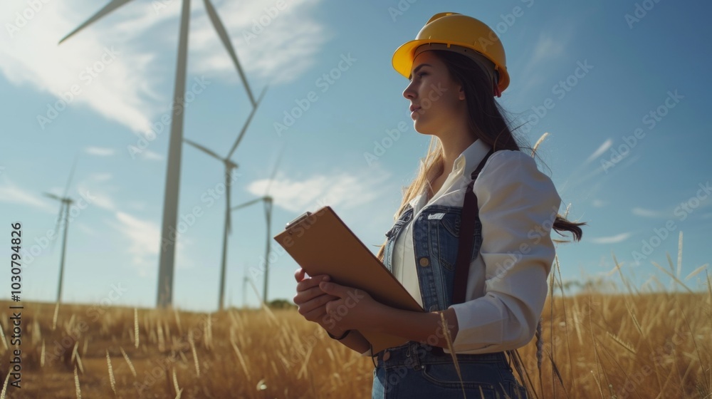 Woman Engineer Inspecting Wind Turbines for Sustainable Energy Woman Engineer Inspecting Wind Turbines for Sustainable Energy