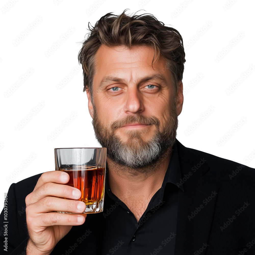 Mature man enjoying a glass of whiskey with a confident smile Mature man enjoying a glass of whiskey with a confident smile