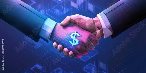 Abstract Blue Handshake with Money Hologram and Upward Arrows photo