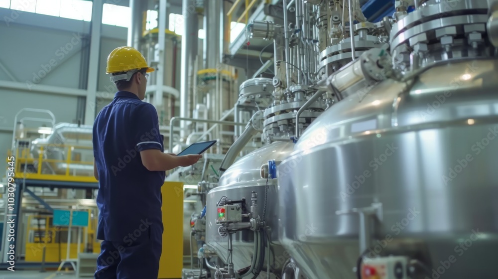 Industrial Worker Inspecting Machinery in a Modern Factory Industrial Worker Inspecting Machinery in a Modern Factory