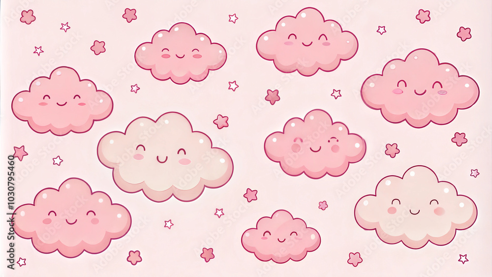 Cute cartoon clouds with smiling faces and pink background for children’s design and decorations
Cute cartoon clouds with smiling faces and pink background for children’s design and decorations