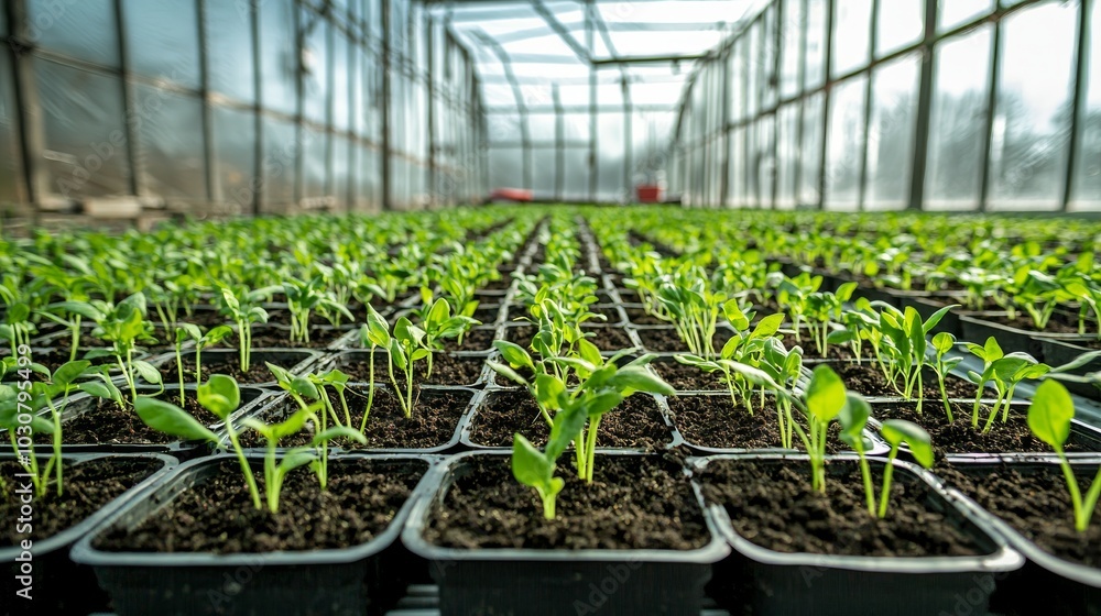 Lush Green Seedlings Thrive in Sunlit Greenhouse Lush Green Seedlings Thrive in Sunlit Greenhouse
