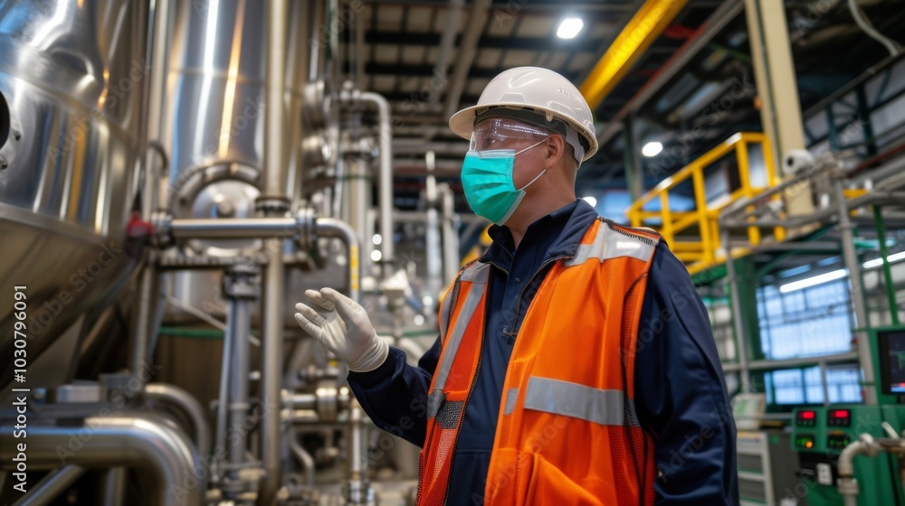 Industrial Worker in a Factory Setting Wearing Safety Gear Industrial Worker in a Factory Setting Wearing Safety Gear