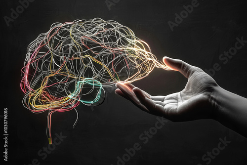 Human Brain Abstract Art: Glowing Lines and Neural Network photo