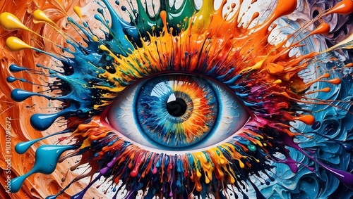 Colorful eye. Abstract hipnotizing eye. A painted artwork pop art style. Colorful eye with abstract background. Psychedelic eye painting, Colorful eye painting. Single Eye Gazes Out from a Vibrant BG