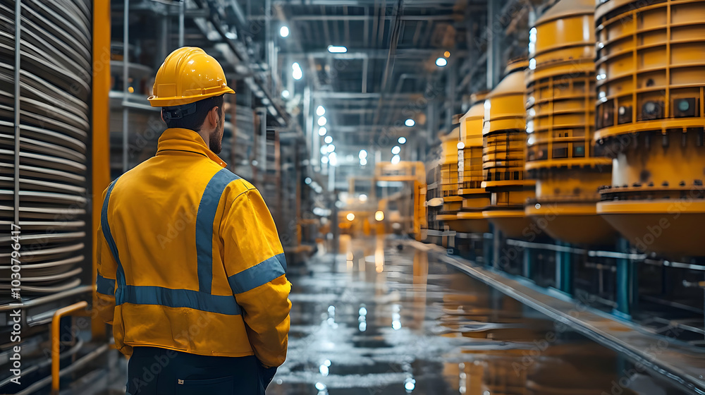 Worker observing industrial facility with large storage tanks. Worker observing industrial facility with large storage tanks.