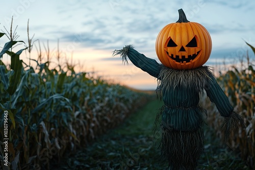 Scarecrow with pumpkin head in cornfield at dusk. photo