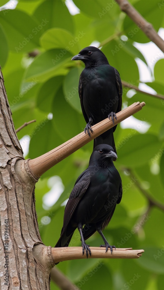 Fototapeta premium A pair of birds with one leaning on an extended branch