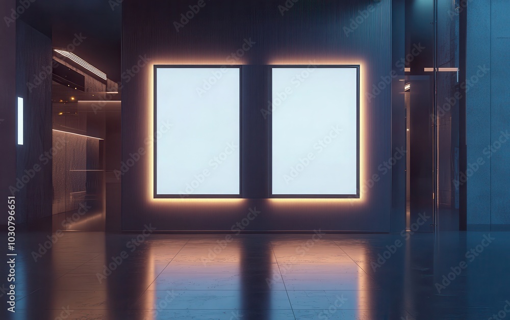 A 3D rendering of a modern exhibition room featuring two blank vertical posters displayed on an illuminated wall A 3D rendering of a modern exhibition room featuring two blank vertical posters displayed on an illuminated wall