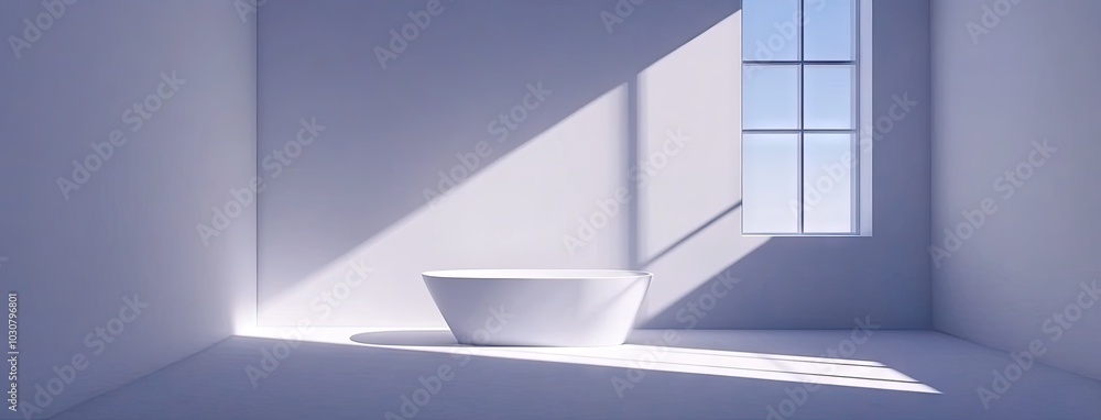 Obraz premium A tranquil bathroom retreat featuring a modern white bathtub with natural lighting, a soft rug, and lush greenery for a serene atmosphere
