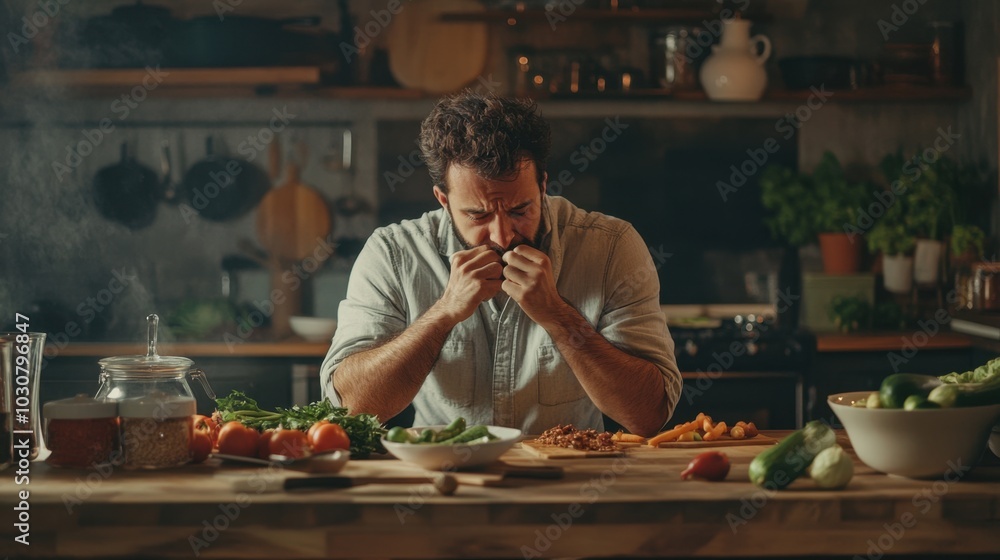 stressed man tasting food in a wooden kitchen with soft lighting, surrounded by fresh vegetables and kitchenware stressed man tasting food in a wooden kitchen with soft lighting, surrounded by fresh vegetables and kitchenware