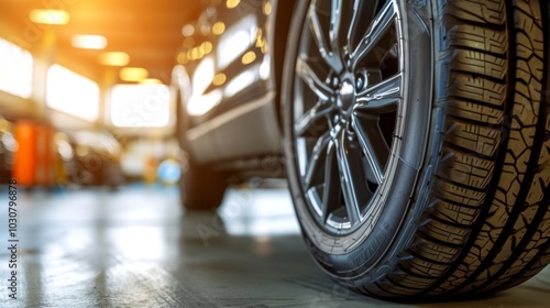 Close-up of a Black Car Tire with Alloy Wheel photo