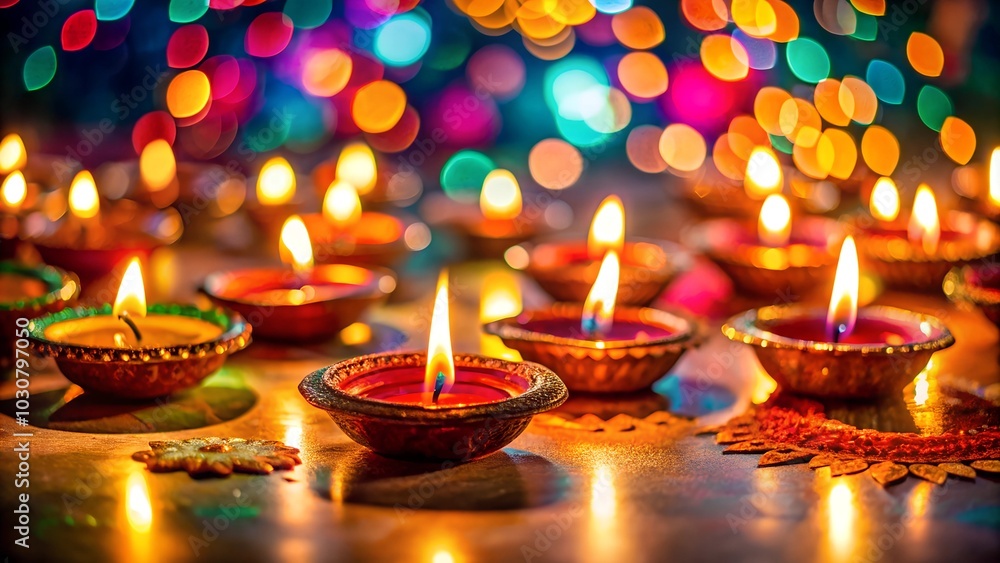 Burning candles in the background with a bokeh effect during Diwali create a magical atmosphere filled with light, joy, and cultural richness Burning candles in the background with a bokeh effect during Diwali create a magical atmosphere filled with light, joy, and cultural richness