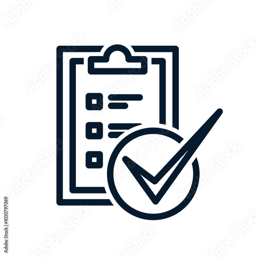 Clipboard, check mark. Concept checklist, result. Vector linear icon isolated on white background.
