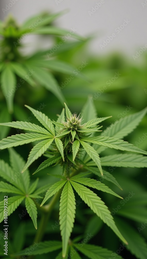 A close-up focus on cannabis leaves against a backdrop of vibrant green herb foliage A close-up focus on cannabis leaves against a backdrop of vibrant green herb foliage