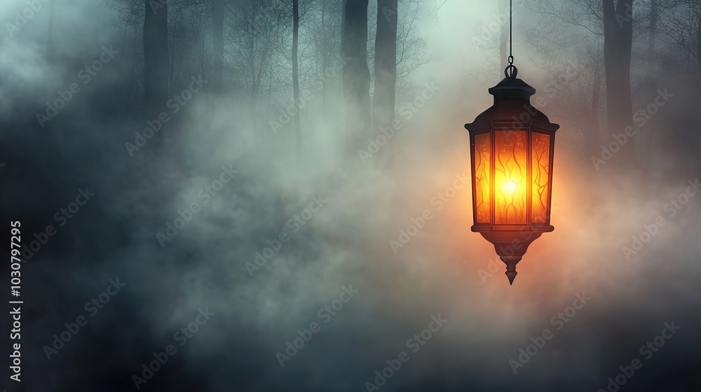 Lantern glowing amidst foggy forest at dusk Lantern glowing amidst foggy forest at dusk