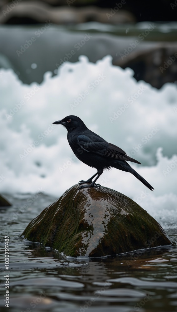Black bird on wet rock amidst rainy stream Black bird on wet rock amidst rainy stream