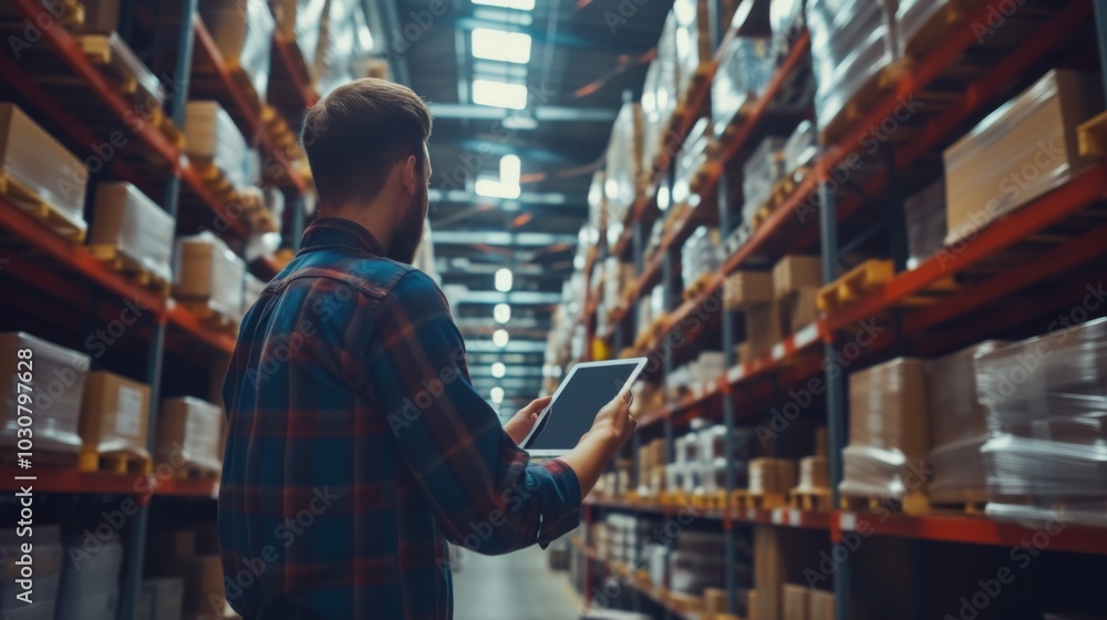 Warehouse Worker Checking Inventory on Tablet Warehouse Worker Checking Inventory on Tablet