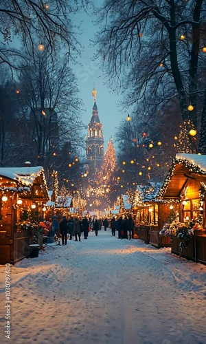 A festive winter market scene with snow, lights, and a towering Christmas tree.