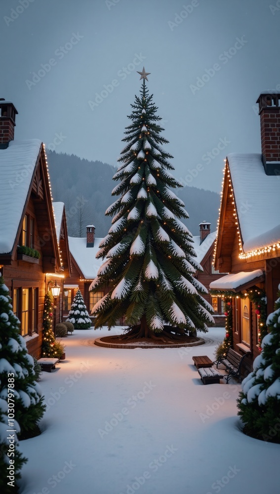 Fototapeta premium Winter Christmas village bathed in gentle snowfall and twinkling lights