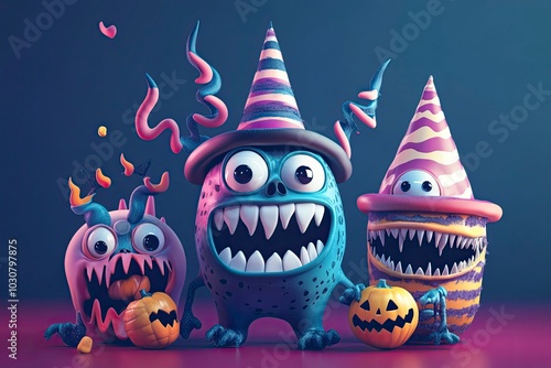 Halloween party. Funny, scary characters for the party concept. 3D Creepy, scary. Dark banner for advertising. Vector illustration. with generative ai photo