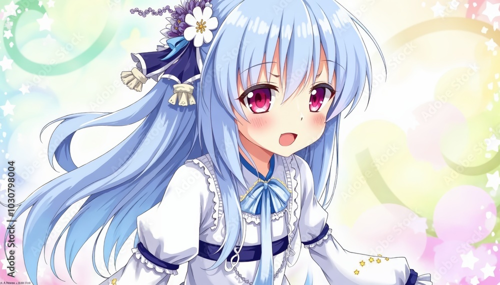 Delightful Anime Character with Blue Hair and Colorful Background Capturing Joy and Whimsy Delightful Anime Character with Blue Hair and Colorful Background Capturing Joy and Whimsy
