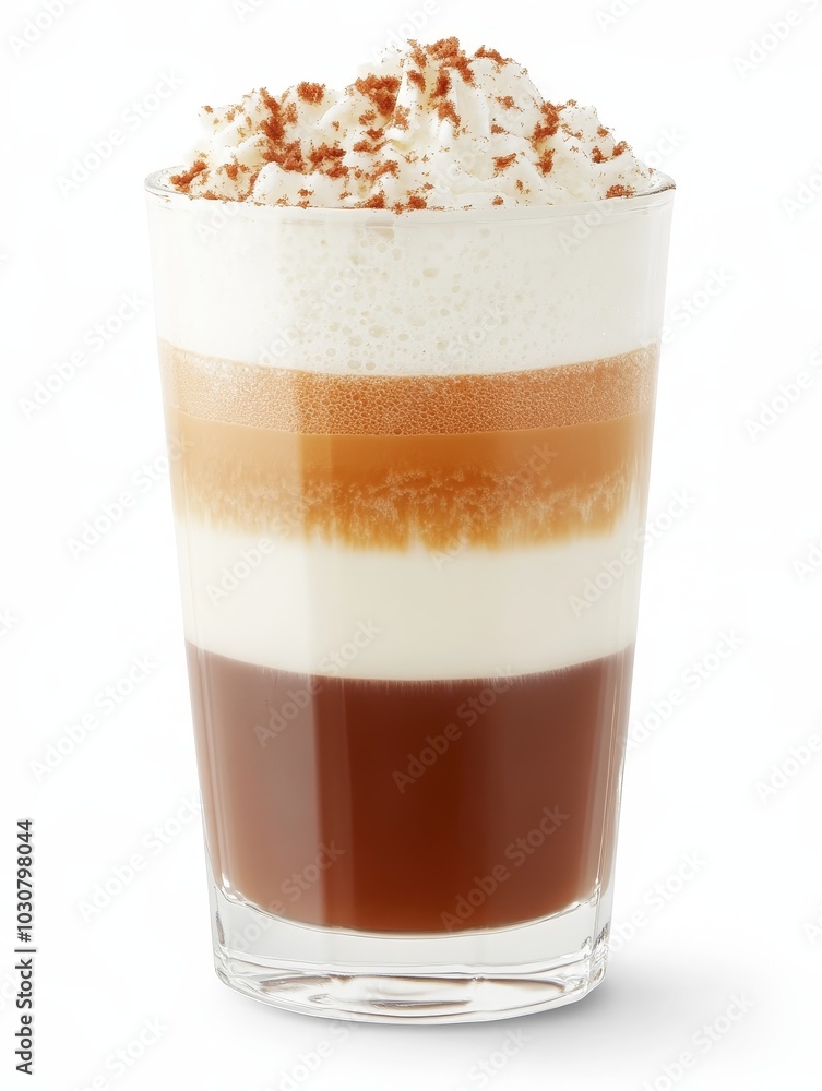 Layers of deliciousness in a glass featuring coffee, milk, and whipped cream served in a cozy café Layers of deliciousness in a glass featuring coffee, milk, and whipped cream served in a cozy café