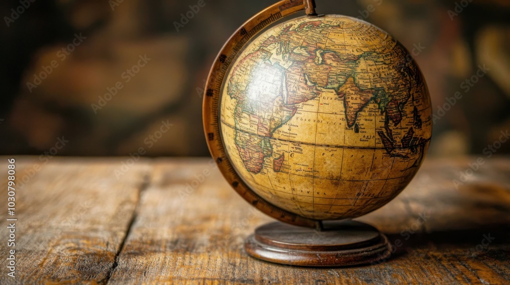 An aged globe featuring well-worn surfaces with faded colors and historical geography details, photographed in high-definition with soft, natural lighting, leaving ample copy space in the blurred An aged globe featuring well-worn surfaces with faded colors and historical geography details, photographed in high-definition with soft, natural lighting, leaving ample copy space in the blurred
