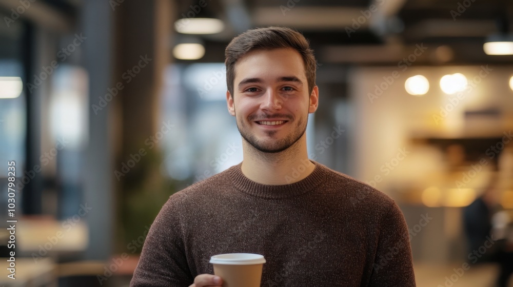 Young man with short dark hair and light stubble, holding a cup of coffee and smiling, modern office interior with a cozy yet professional ambiance, blurred background of desks and chairs Young man with short dark hair and light stubble, holding a cup of coffee and smiling, modern office interior with a cozy yet professional ambiance, blurred background of desks and chairs