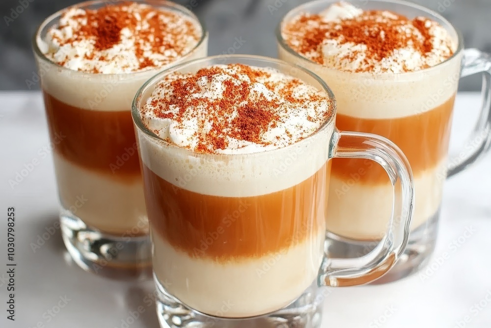 Delicious layered coffee drinks topped with whipped cream and a sprinkle of spice served in clear glass mugs Delicious layered coffee drinks topped with whipped cream and a sprinkle of spice served in clear glass mugs