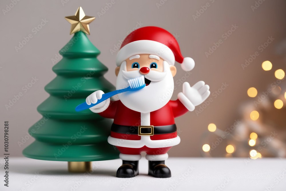 Santa Claus Tooth Brushing. Santa shows you how to brush your teeth on festive background. AI generated Santa Claus Tooth Brushing. Santa shows you how to brush your teeth on festive background. AI generated