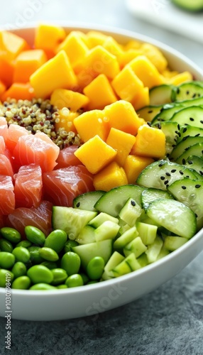 Vibrant Poke Bowl with Salmon, Tuna, Quinoa, and Fresh Vegetables for a Healthy Meal