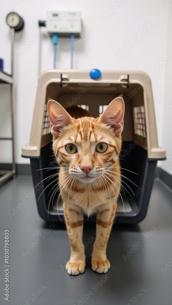 Adorable ginger cat peering from pet carrier at veterinary clinic Adorable ginger cat peering from pet carrier at veterinary clinic