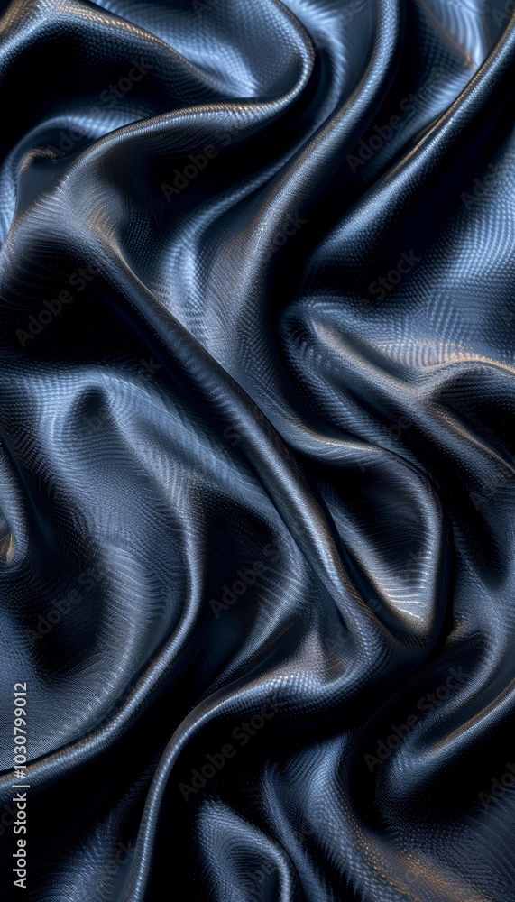 Fototapeta premium A luxurious navy blue fabric drapes effortlessly, displaying deep shadows and subtle textures. The rich color and delicate folds create an inviting, sophisticated atmosphere in the light.