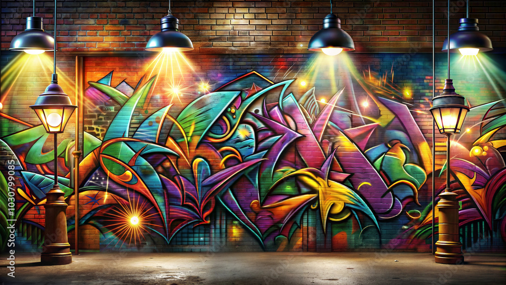 Fototapeta premium Vibrant urban graffiti art with lamps and dynamic colors in a contemporary street setting