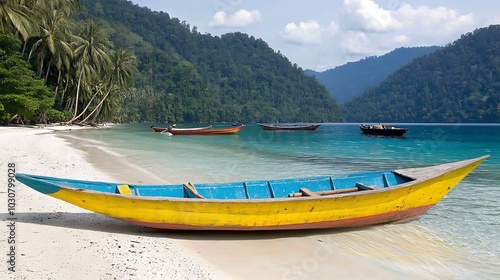 A brightly colored wooden boat rests on a pristine white sand beach with clear turquoise water and lush green mountains in the background.