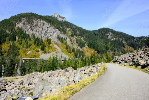 Old road climbing Snoqualmie Pass as National Forest NF 58 an alternative to modern Interstate 90