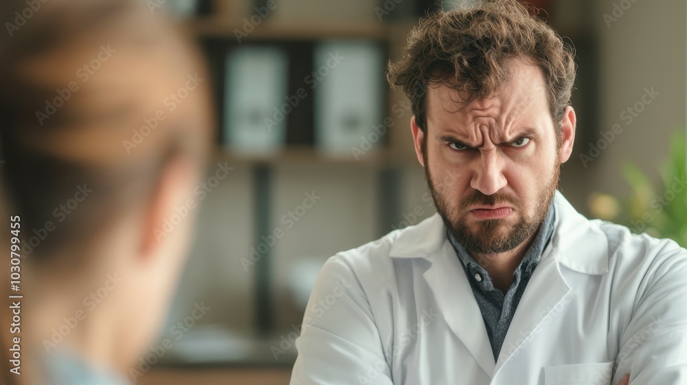 Angry and furious doctor in a white coat frowning at a patient in an office with daylight, blurred furniture in the background Angry and furious doctor in a white coat frowning at a patient in an office with daylight, blurred furniture in the background