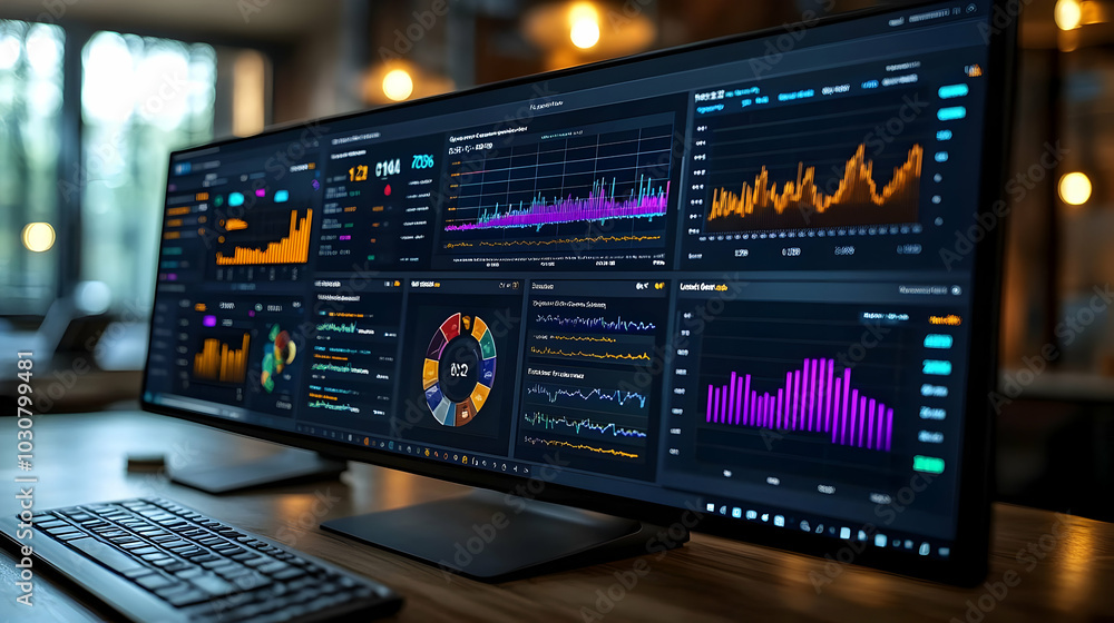A sleek monitor displaying various data analytics and graphs. A sleek monitor displaying various data analytics and graphs.