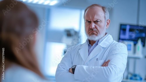 Angry doctor in a white coat, arms crossed and looking at a patient in a sterile office, soft overhead lighting, medical equipment in the blurred background