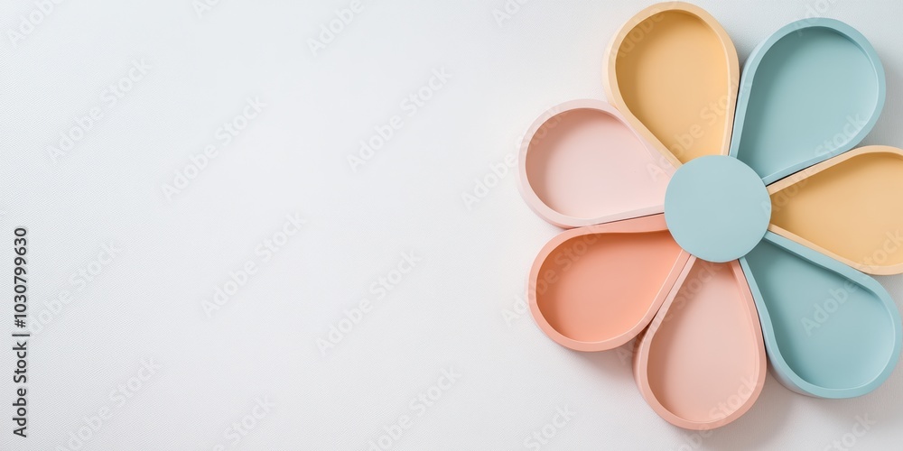 A playful flower-shaped photo frame in soft colors, resting against a white background, perfect for framing children's art A playful flower-shaped photo frame in soft colors, resting against a white background, perfect for framing children's art