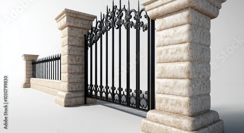 Black Iron Gate with White Stone Pillars photo