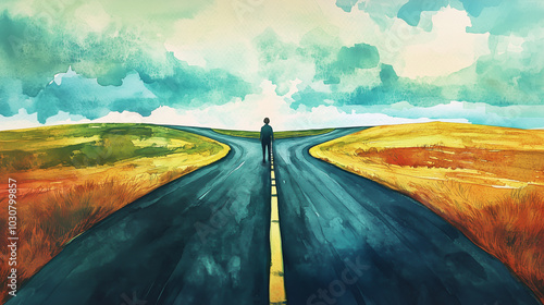 A split road with one person standing at the crossroads, debating two choices, watercolor style, calm yet tense atmosphere, symbolic of life choices