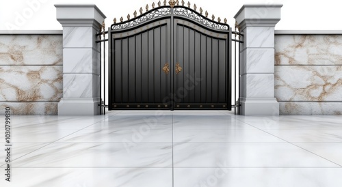 Black Iron Gate with White Stone Pillars photo