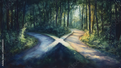 Two roads diverging in a dense forest, one path covered in shadow, the other bathed in light, symbolic of a hard decision, watercolor, moody colors