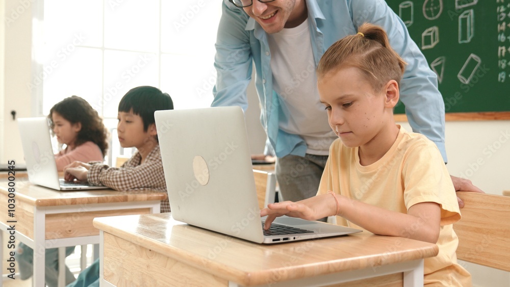 Smart caucasian boy using laptop to generated AI by coding engineering prompt. Diverse student learning or studying programing system while attending in STEM technology class. Technology. Pedagogy. Smart caucasian boy using laptop to generated AI by coding engineering prompt. Diverse student learning or studying programing system while attending in STEM technology class. Technology. Pedagogy.