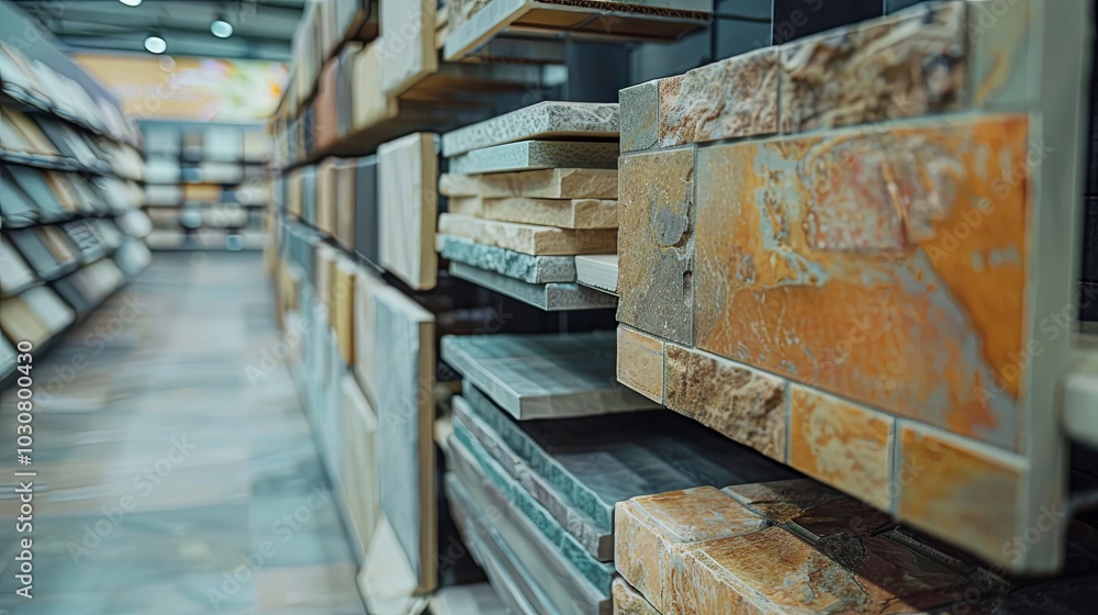 A blurred view of numerous modern ceramic tiles displayed on shelves in a home construction products hypermarket A blurred view of numerous modern ceramic tiles displayed on shelves in a home construction products hypermarket