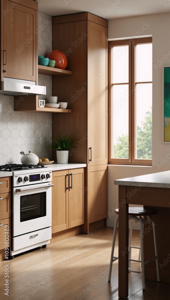 A detailed vibrant mockup showcases a stylish wooden home kitchen with an open layout featuring a modern cooking setup including cabinets bar island and appliances A detailed vibrant mockup showcases a stylish wooden home kitchen with an open layout featuring a modern cooking setup including cabinets bar island and appliances