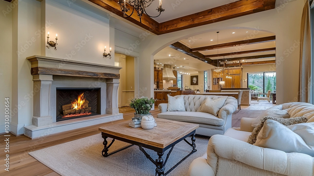 Fototapeta premium Cozy living room interior with a fireplace, comfy sofa, living room interior with fireplace.