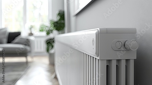 Wallpaper Mural A close-up view of an electric radiator with a thermostat set against a white wall in the living room. This illustrates the concept of heat conservation, maintaining a comfortable home temperature Torontodigital.ca